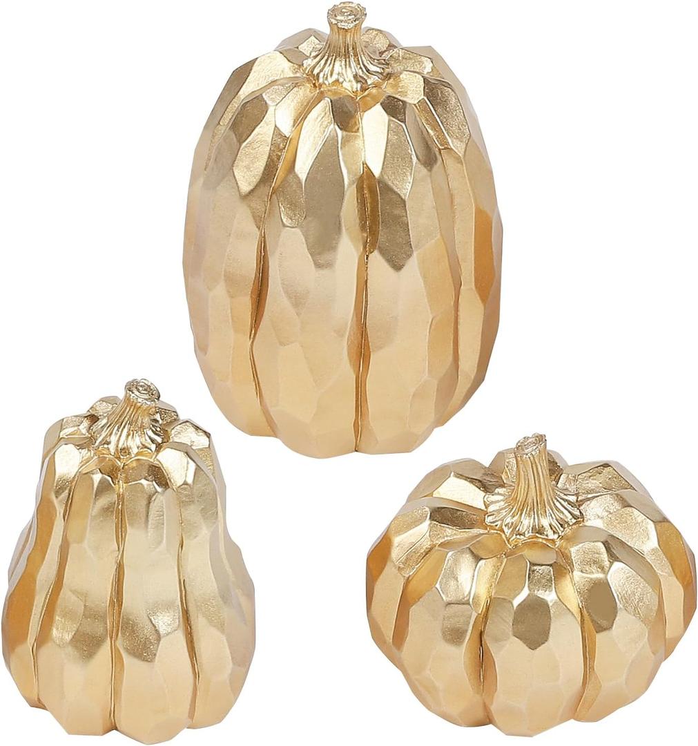 3 Pack Thanksgiving Gold Pumpkins, Pumpkin Fall Decoration - Elegant Autumn Harvest Decor for Fall, Thanksgiving & Halloween, Perfect for Home, Table, Fireplace Mantel, Office & Kitchen