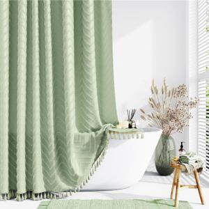 Dynamene Stall Fabric Shower Curtain, 48 Inch Wide Boho Farmhouse Tufted Chevron Striped Tassel Shower Curtain, Minimalist Ruffled Textured Cloth Shower Curtain Set, 8 Hook, 48x72, Sage Green
