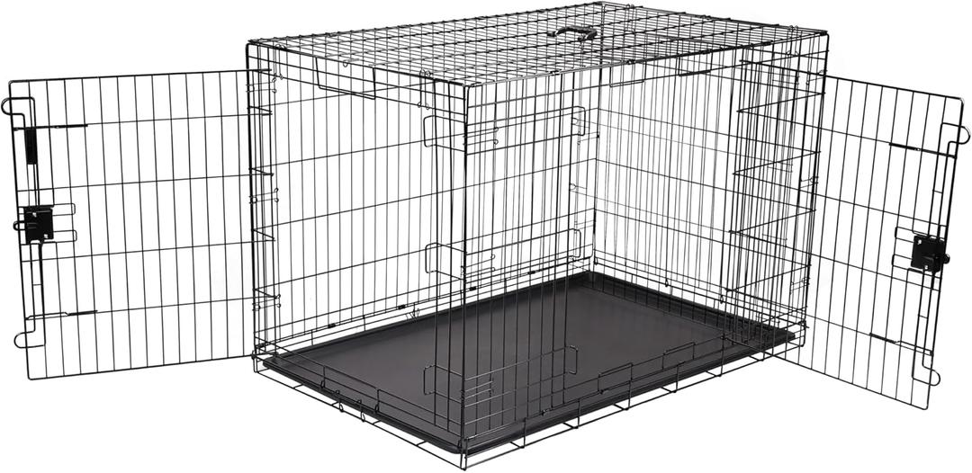 Portable Metal Wire Dog Crate for Large Dogs, Double Door with Removable Tray, Divider Panel, Easy to Assemble, 48" x 30" x 32.5", Black
