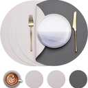 Myir JUN Round Table Placemats Set of 4 Faux Leather Place Mats and Coasters 15 inch Round Dual Sided Non-Slip Stain Resistant (Gray & Beige, Set of 4)