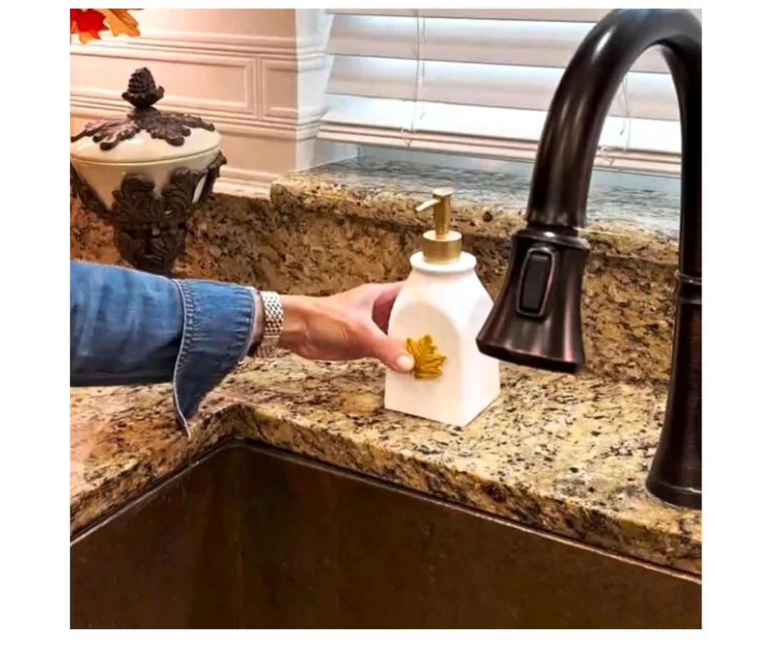 Home Seasonal Soap/Lotion Dispenser Gift Set with 7 Interchangeable Magnetic Holiday Attachments, Refillable for Bathroom & Kitchen, Gold