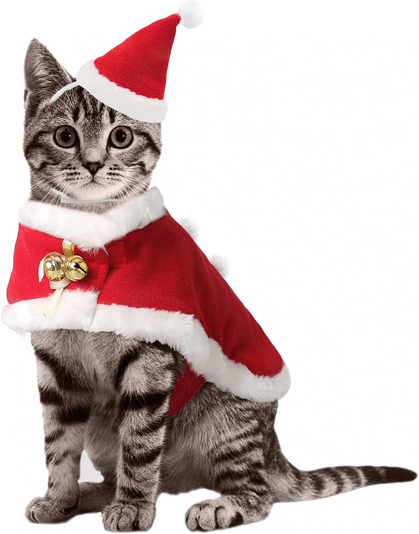 Enjoying Cat Christmas Costume, Pet Santa Hat with Xmas Clothes for Cats Small Dogs Rabbits, Cat Santa Hat and Red Warm Cloak Coat, New Year Puppy Red Clothes Outfit, Adjustable