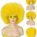 BESTBEL+Hair Cap Yellow Afro Wig and Sunglasses Short Yellow Wigs Afro Clown Wig for Halloween Disco Party Outfits Funny Wigs for Adults Cosplay Costume Fluffy Bouncy Synthetic Hair