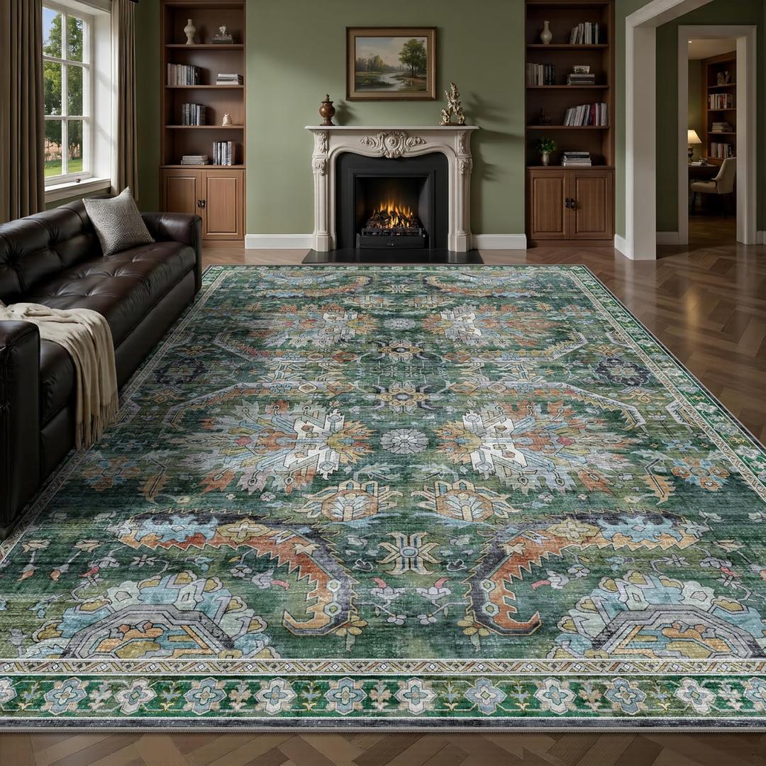 8x10 Area Rugs, Vintage Retro Soft Washable Rug, Non-Slip Low Pile Rugs for Living Room, Bedroom, Dining Room, Stain Resistant Home Decor Rug (Green)