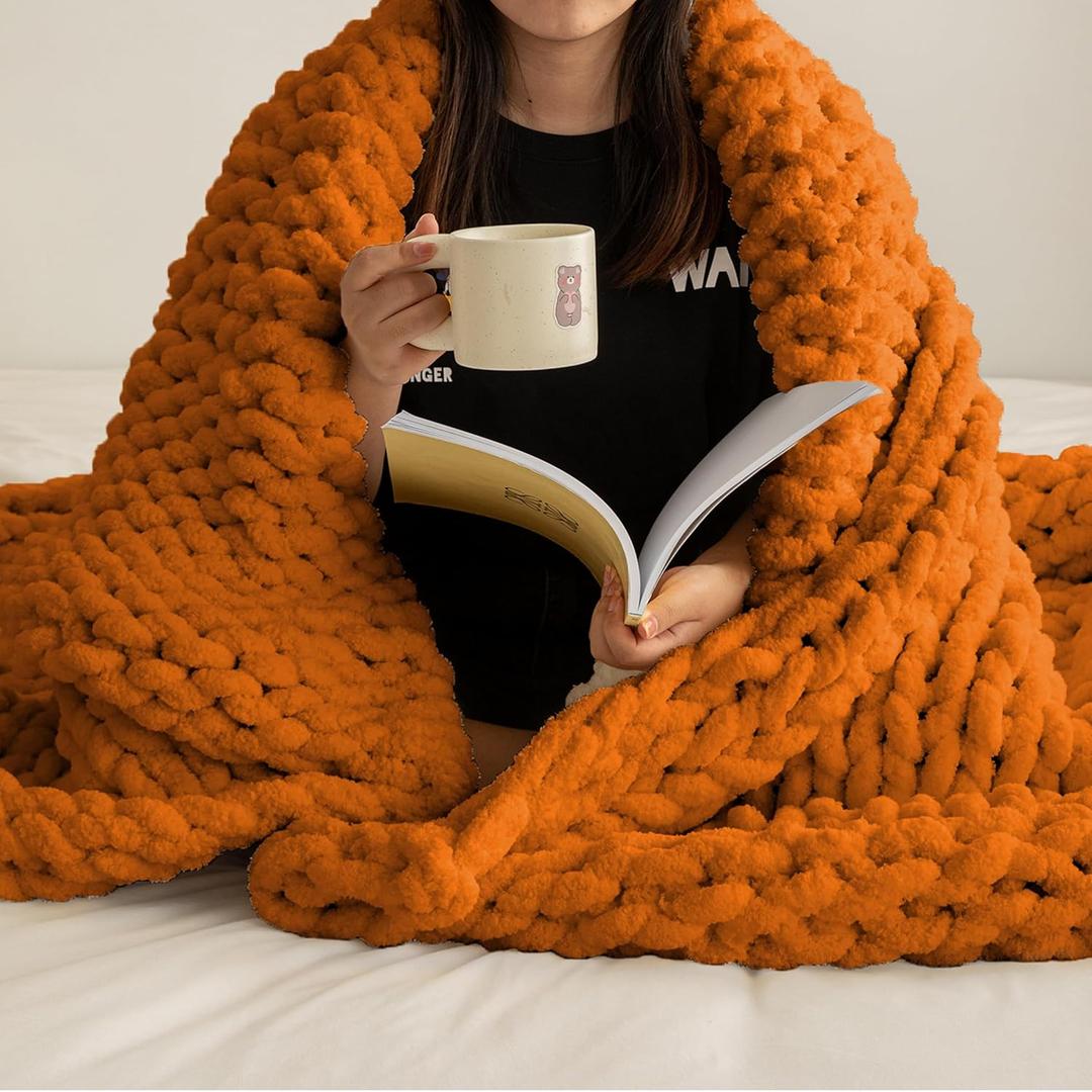 ATMOSURELY Ultra Soft Burnt Orange Chunky Knit Throw Blanket Cozy Fluffy Chenille Yarn Handmade Cable Knit Crochet Blanket for Bed Sofa Couch 50x60 Inches (Burnt Orange, 50"x60")