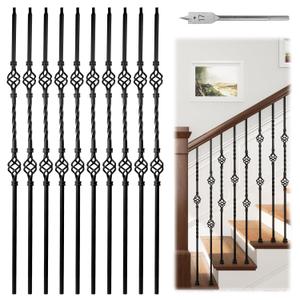 Muzata 10pack 44'' Wrought Iron Balusters for Staircase Interior Exterior Deck Black Double Basket Twist Hollow Metal Spiral Balusters Spindles Decorative Stair Parts, WT05