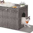 Feandrea Cat Litter Box Enclosure, Handwoven Rattan Hidden Litter Box Furniture with Extra Litter Mat, Removable Washable Tray, Boho Cat House, End Table, Dove Gray UPCL014G01