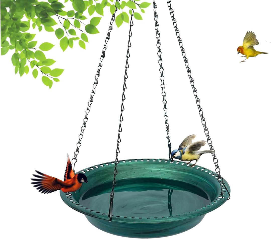 Antique Outdoor Garden Hanging Bird Bath, 16 inch Heavy Duty BirdBath Bowl Only with Chains, Hanging Bird Feeder for Backyard Decor Green