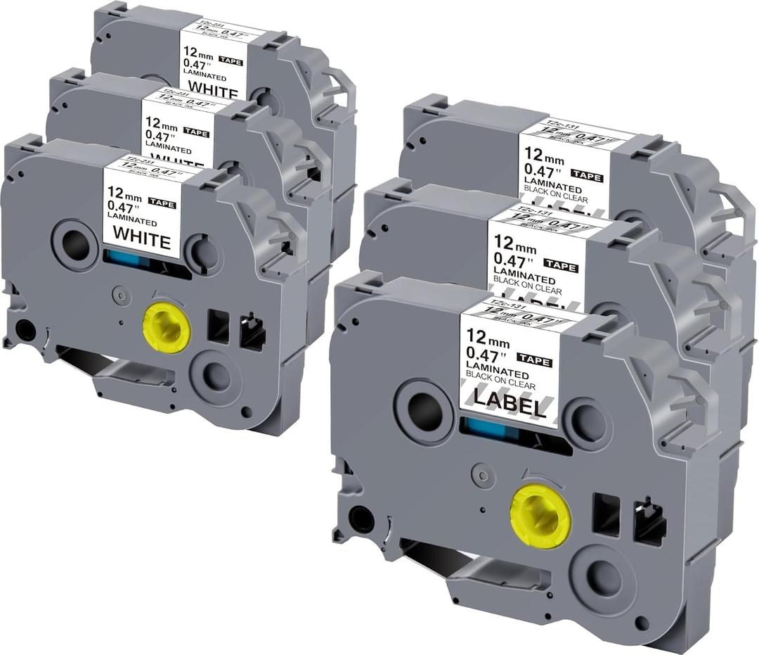 Hehua Tze Tz Tape 0.47 Laminated Tape 12mm Compatible for Brother Label Maker Tape TZe-131 for Ptouch PTD400 PTD600 PTD210 PTH110 (Black on White+Black on Clear, 3+3 Pack)