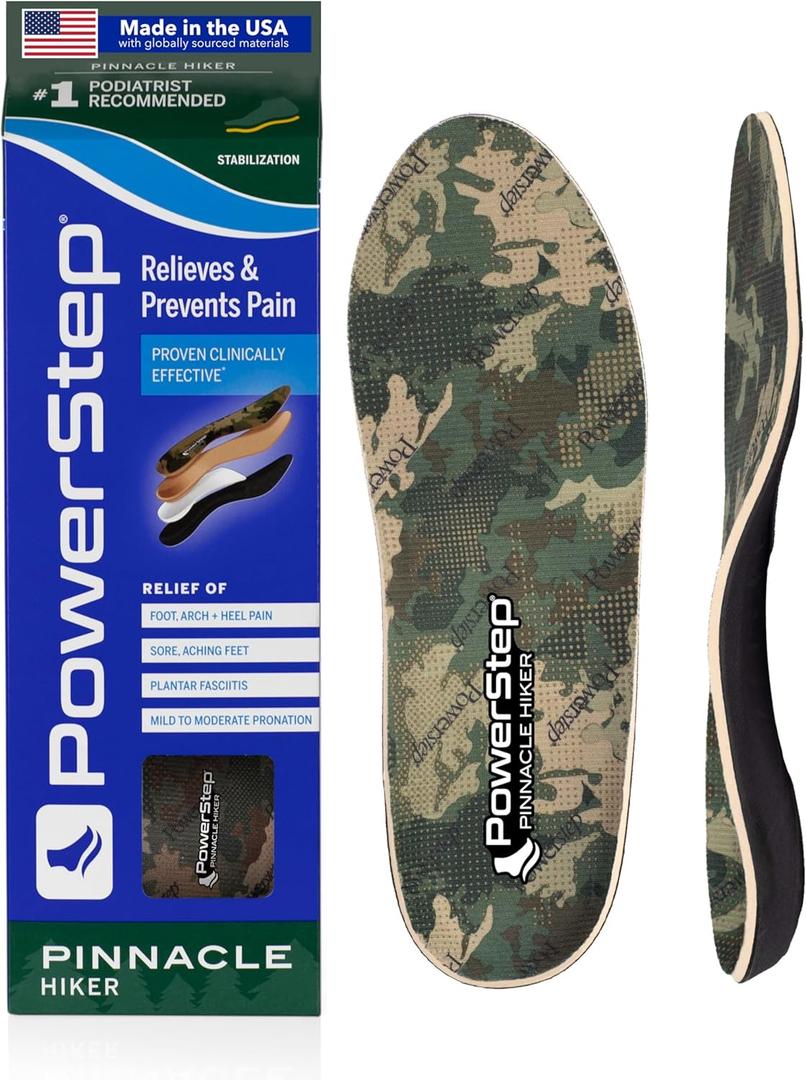 PowerStep Pinnacle Hiker Orthotic Insoles, Arch Support for Hiking Boots, Plantar Fasciitis Pain Relief, Mild Pronation, Maximum Cushion, Unisex, Made in The USA (Men's 11-11.5, Green/Tan)