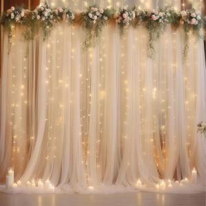 10×10ft Champagne Tulle Backdrop Curtain with Lights String for Parites, Sheer Photo Curtain Backdrop Drapes for Wedding Party Photography Backgrounds