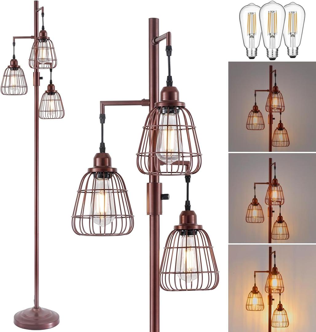 9MMML Dimmable Floor Lamp,Industrial Farmhouse Tall Standing Floor Lamp for Living Room, Bedroom Office,3 Teardrop Cage Lampshade,3 LED Bulbs Inculded. 68'' Tall (Oil-Rubbed Bronze)