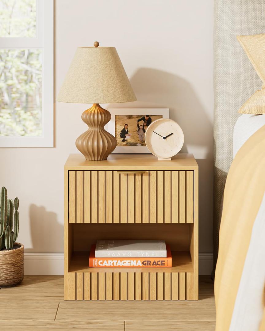 Small Nightstand, Modern Night Stand, Bedside Table with Drawer and Open Shelf, Cube Design, Small Side Table for Bedroom, Living Room, Oak