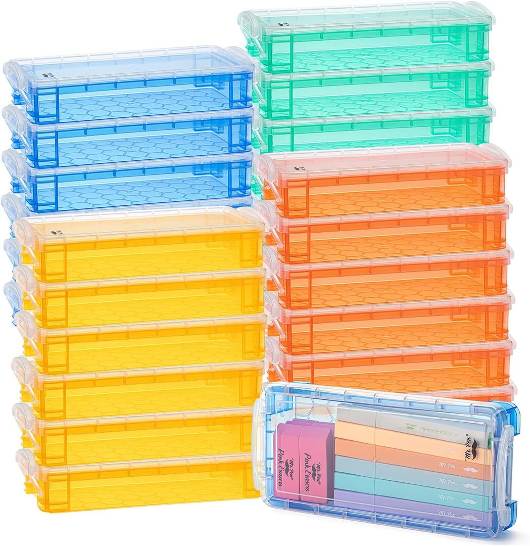 Mr. Pen- Plastic Pencil Case Box Bulk, 24 Pack, Large Crayon Marker Pen Organizer, Plastic Bead Organizing Container with Snap-Tight Lids, Clear Stackable Craft Storage Boxes, School Supplies