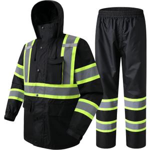 JKSafety Hi-Vis Reflective Safety Rain Jacket and Pants for Men Women Waterproof Rain Gears for Farming Fishing Work HV Rain Suit with Inner Mesh Lining and Pockets (117-Black XL)