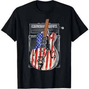 American Flag Guitar 4th of July Guitarist USA Country Music T-Shirt (Small, Black)