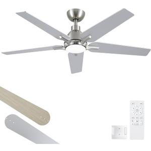 52 Inch Ceiling Fans with Lights and Remote, Brushed Nickel Modern Ceiling Fan for Bedroom, Living Room, Dining room, Patio, 3CCT Dimmable 6 Speeds DC Quiet Reversible