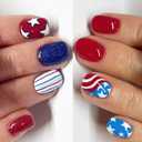 2 Packs 48Pcs Independence Day Press on Nails Short Square Fake Nails Stripe Star False Nail Patriotic Flag Patter Full Cover Acrylic Glue on Nail for Women 4th of July Manicure Decoration