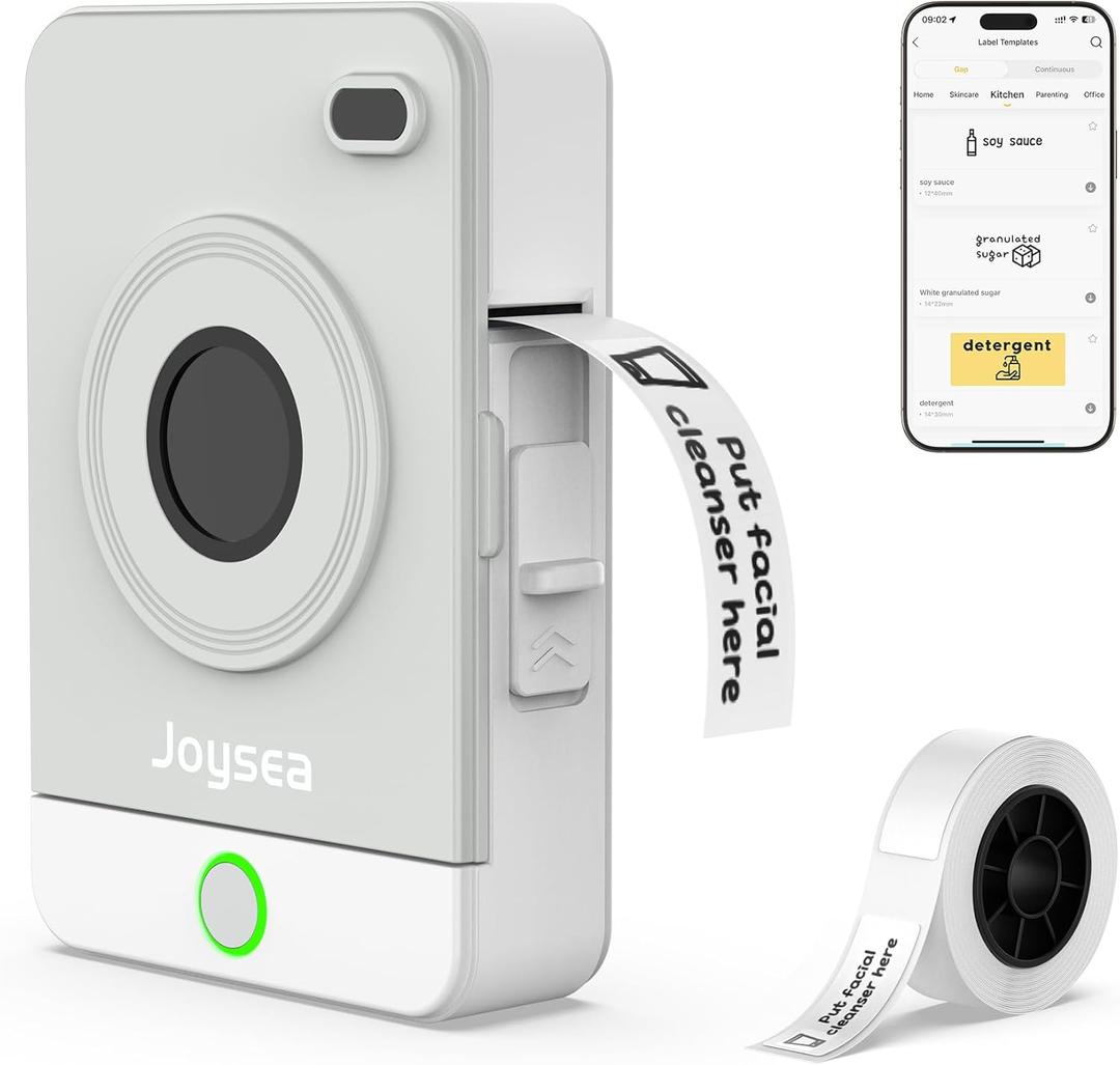 Joysea OP1 Label Maker Machine with Tape, Wireless Small Label Maker Bluetooth with Multiple Templates for Home School Office Organization, Thermal Sticker Printer Gray White