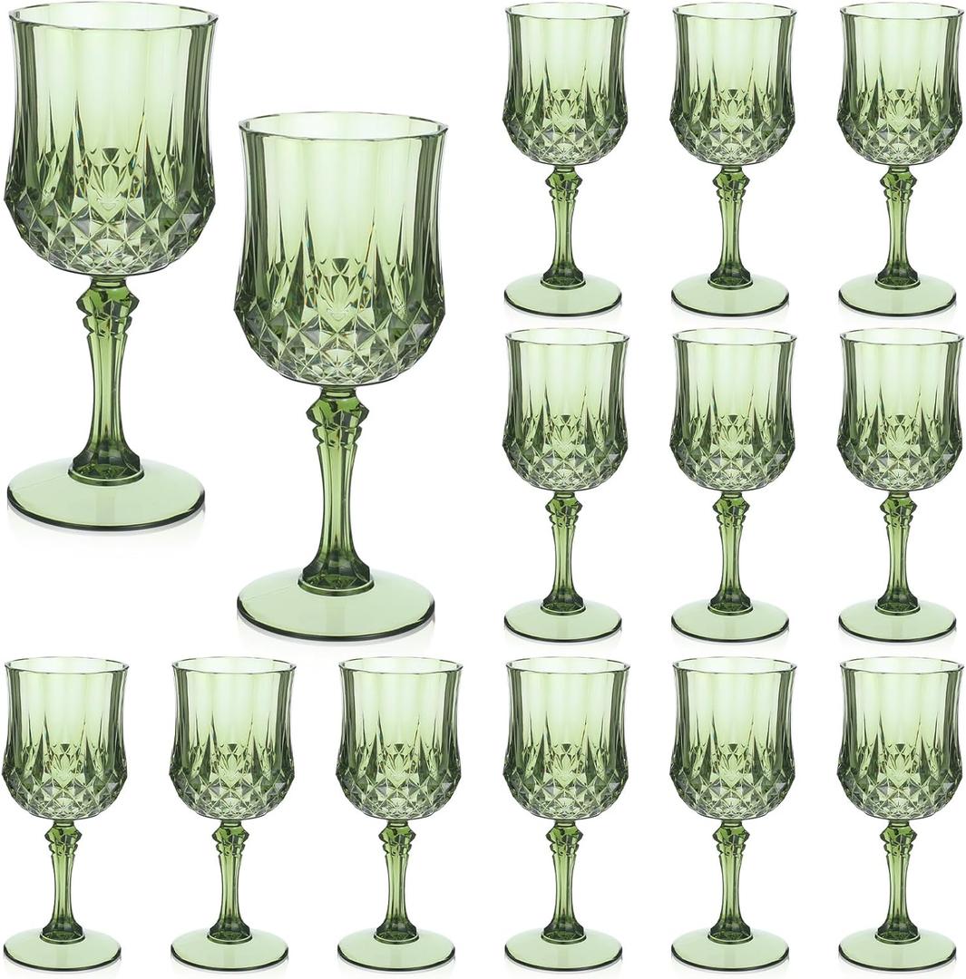 12 Pcs 7oz Plastic Vintage Wine Glasses Drinking Glasses Unbreakable Wedding Glassware Crystal Water Goblets Reusable Drinkware Vintage Champagne Flutes (Dark Green)