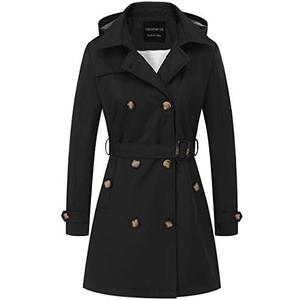 CREATMO US Women's Hooded Pea Coat Trench Jacket Trench Coats with Belt Black 2XL