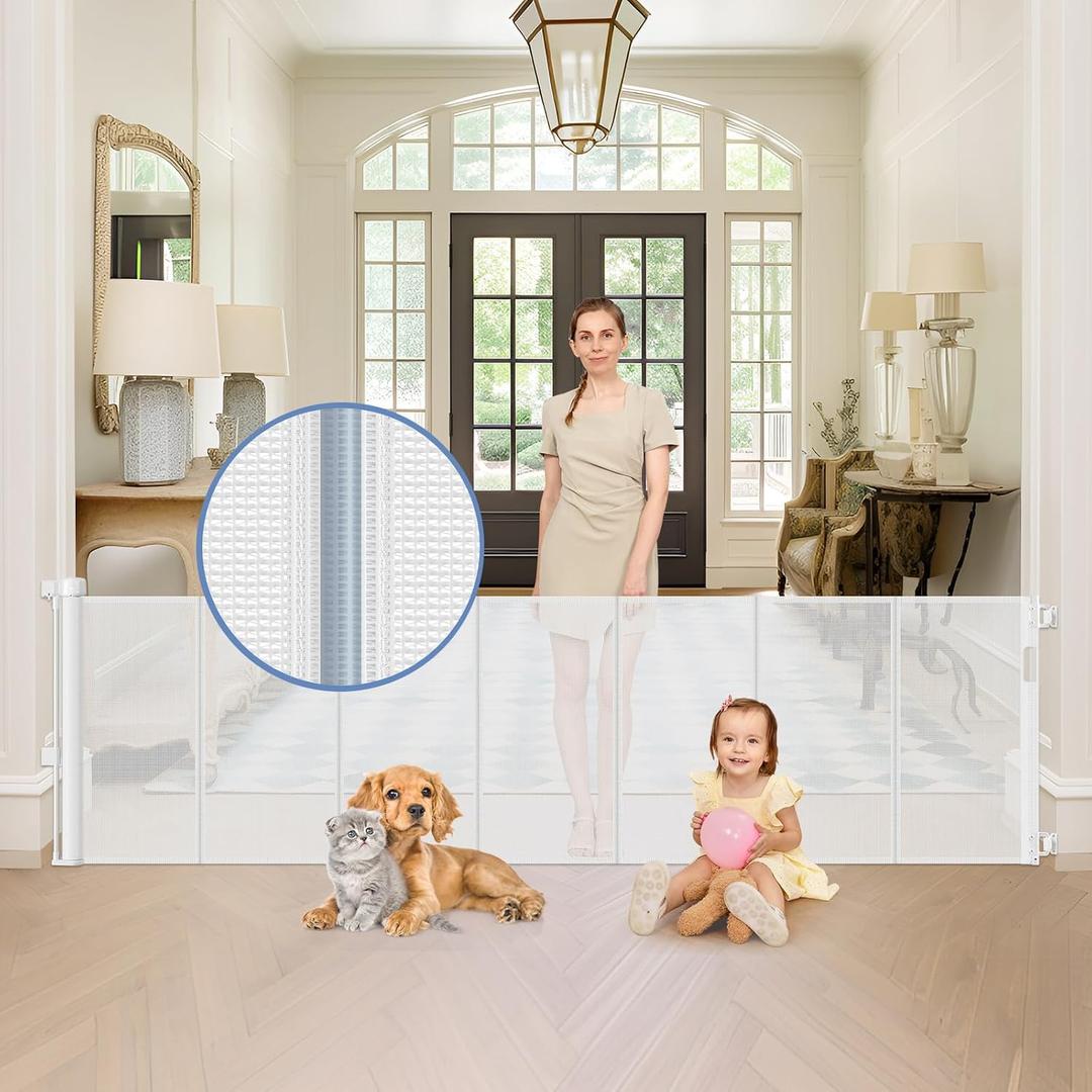 Reinforced 90 Inch Wide Retractable Baby Gates for Doorways Extra Wide Outdoor Retractable Gate for Dogs Reinforced Bottom to Prevent Crawling Through Mesh Baby Gate Long Dog Gates Indoor Extra Long