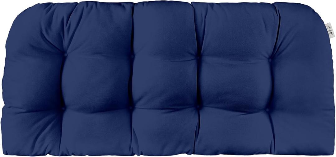 RSH DECOR: Tufted Wicker Loveseat Cushion | 41 x 19" | All-Weather Spun Fabric | Water and Fade-Resistant | Outdoor Settee Cushion for Patio Furniture | Navy Blue
