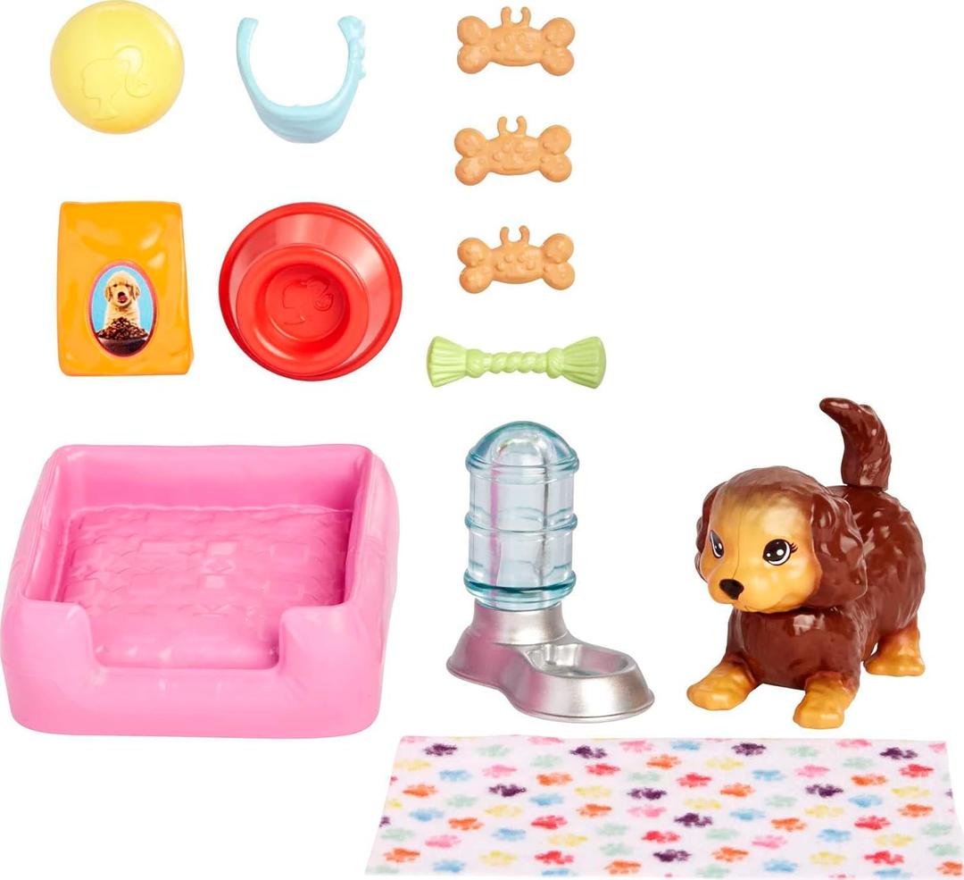 Barbie Pets and Accessories, Interactive Wagging & Nodding Puppy Playset with Pet Bed, 11 Total Animal-Themed Pieces (Multicolor)