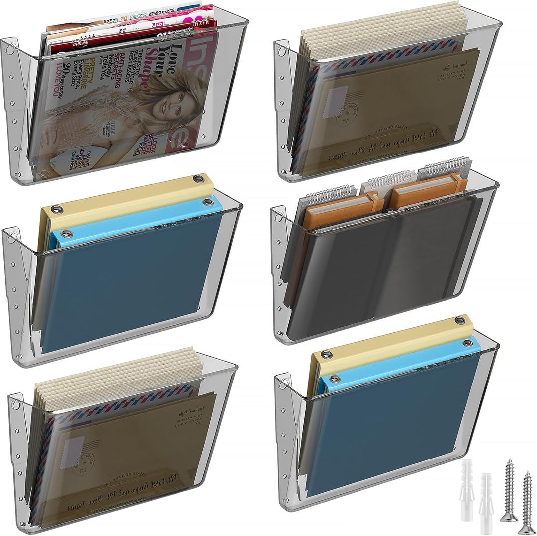 MaxGear Acrylic Single Pocket, Acrylic Wall File Organizer 6 Pockets Hanging File Holder Clear Wall Mounted Mail Organizer Holders for School, Office and Home, Smoke Color, 13x4x7 inches