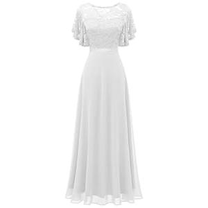 DRESSTELLS Chiffon Formal Wedding Guest Dresses for Women, Romantic V-Back Short Sleeve Maxi Bridesmaid Prom Party Evening Cocktail Dress for Teens, 2025 Spring, White XL