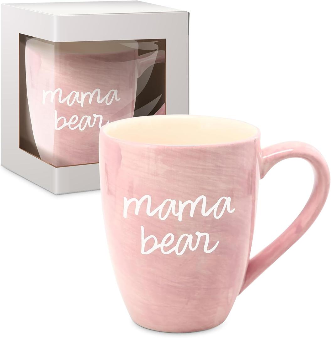 Pavilion Large Ceramic Coffee Mug with "Mama Bear" Text Design, Microwave & Dishwasher Compatible, Tall Coffee or Tea Cups for Moms with Handle, Ideal for Daily Use or Special Occasions - Pink, 20 Oz