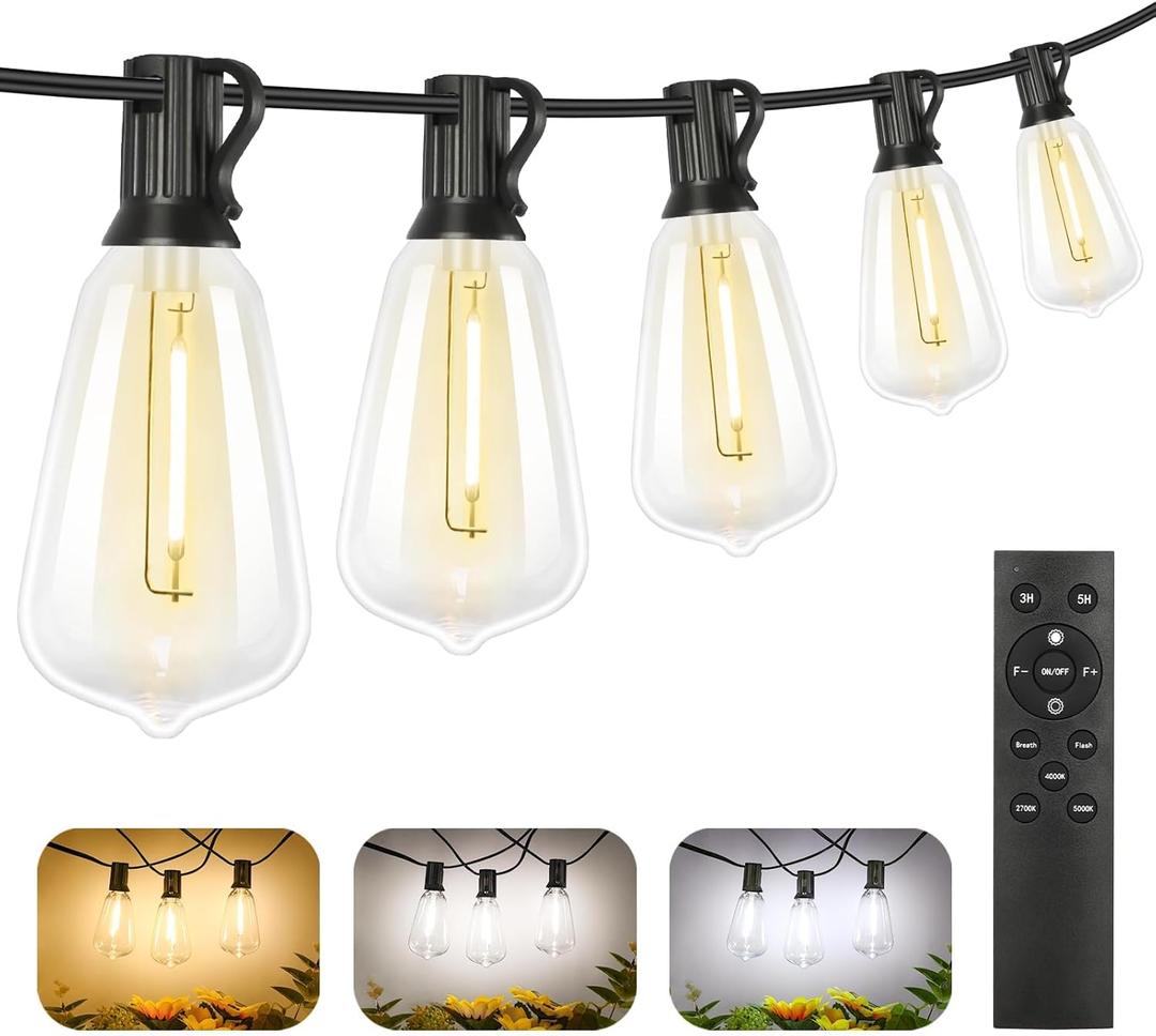 Brightever Dimmable Outdoor String Lights with Remote, 3 Colors in 1 LED Patio Light for Outside with 25+1 ST38 Edison Bulbs, 50FT 3 Modes Gazebo Lighting Waterproof for Camping, 2700K/4000K/5000K (Black Wire)