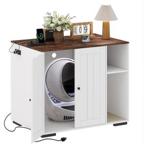 Large Robot 4 Litter Box Enclosure Cabinet with Built-in Power Outlet | Automatic SelfCleaning Litterboxes Furniture, DogProof Shelf, Robot Cabinet for Litter Box White