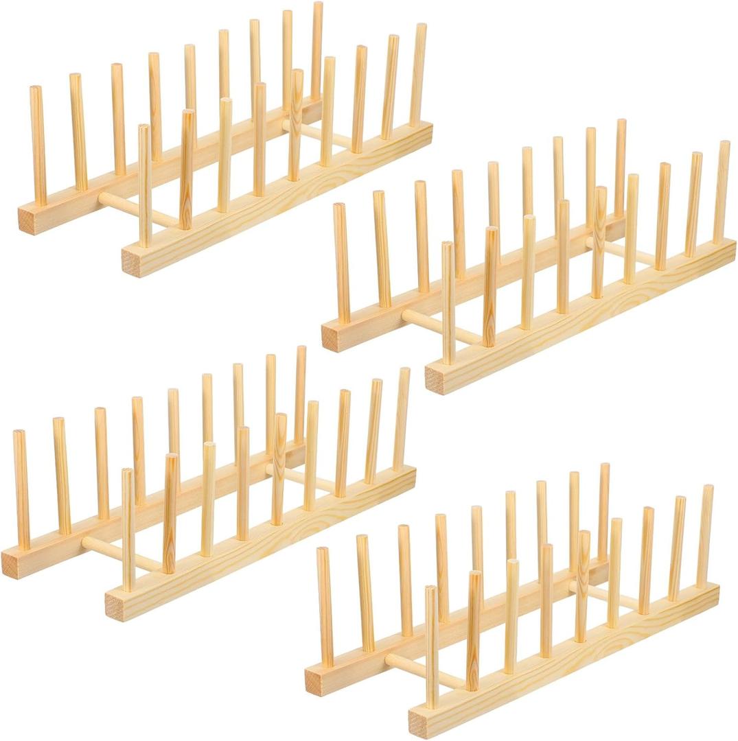 Meyeyaia 4PCS Wooden Dish Rack, Kitchen Cabinet Plate Lid Organizer Vertical Wooden Dish Drying Rack for Dish Pots Lids Cutting Boards Bowls Cups Canvas Prints Artwork Books(8 Slots)