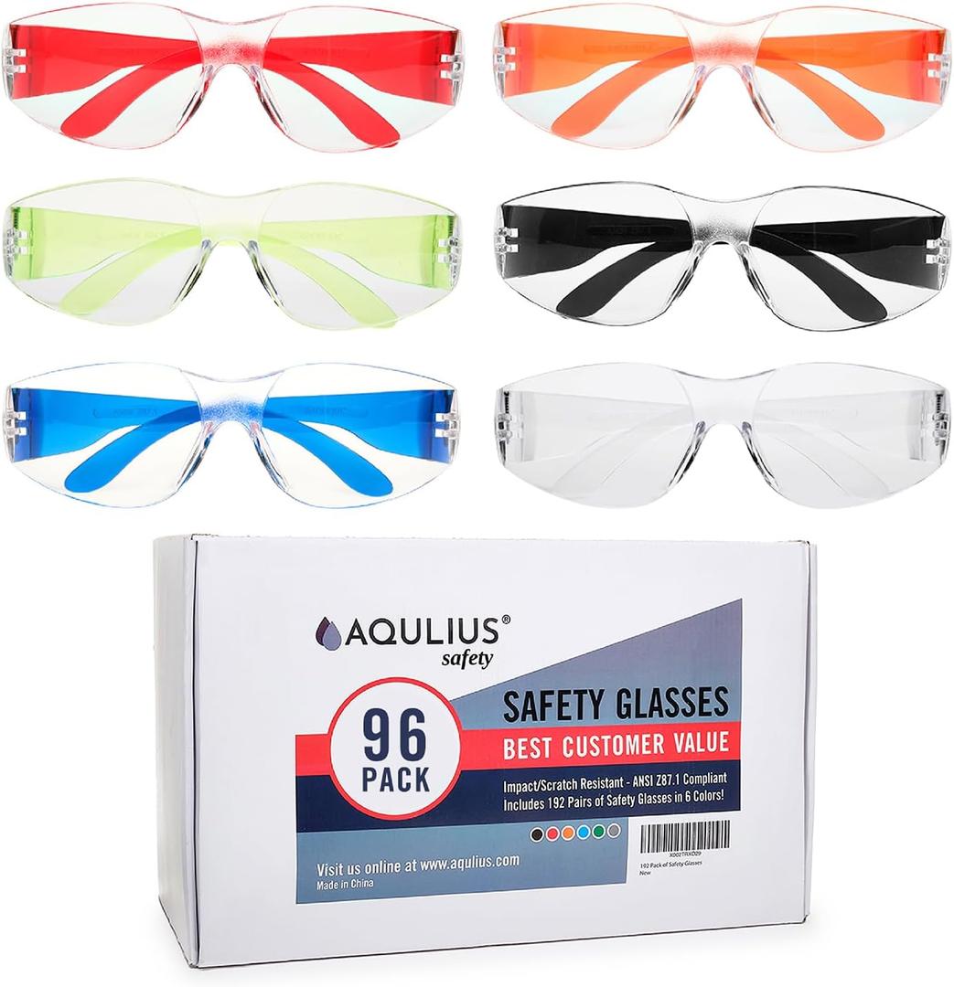 Aqulius Safety Glasses - Anti-Fog Eye Protection - Construction Safety Glasses - Over-Eyeglasses Protective Eyewear for Men & Women - 96 Pack, Multi-Color