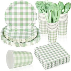 175Pcs Gingham Party Supplies for 25 Guests Scalloped Plates and Napkins set Green and White Paper Plates Disposable Plaid Cocktail Napkin Checkered Dinner Party Set Cutlery for Baby Shower Wedding