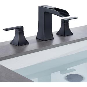 Black Waterfall Bathroom Faucet, Sanliv 3-Piece Widespread Bathroom Faucet for 3-Hole Sinks 4-8 inch, Modern 2-Handle Vanity Faucet with Pop-Up Drain, Matte Black