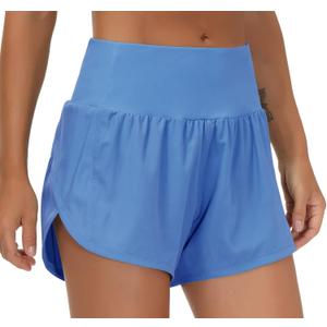 THE GYM PEOPLE Womens High Waisted Running Shorts Quick Dry Athletic Workout Shorts with Mesh Liner Zipper Pockets (Large, Sea Blue)
