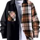 OYOANGLE Men's Colorblock Plaid Print Button Down Long Sleeve Pocket Collared Shirts Top L