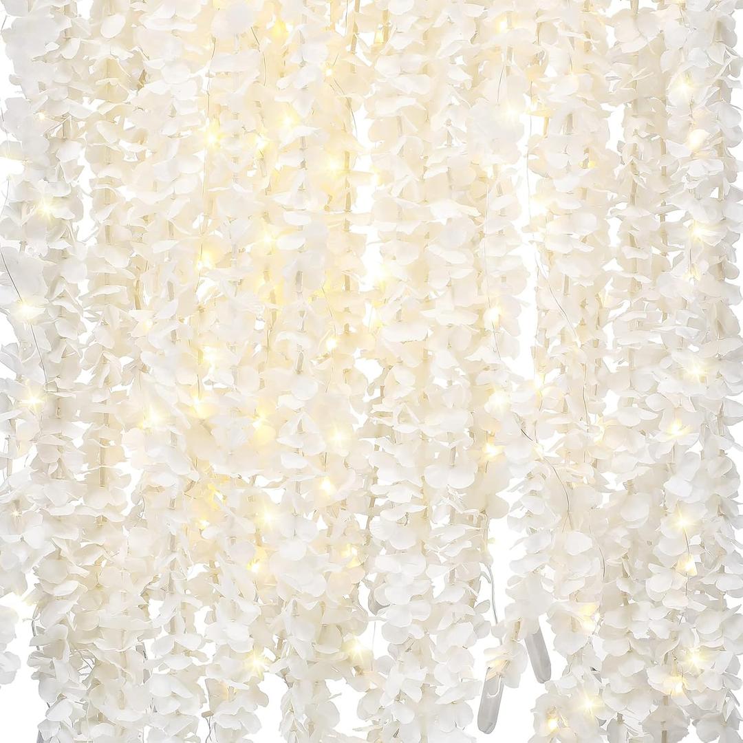 Hoteam 20 Pcs 131 Ft Artificial Wisteria Hanging Flowers Garland with String Light 6.56 Ft/Pcs White Flower Garlands Wedding Arch Garland Fake Wall Backdrop Artificial Flowers for Garden Outdoor