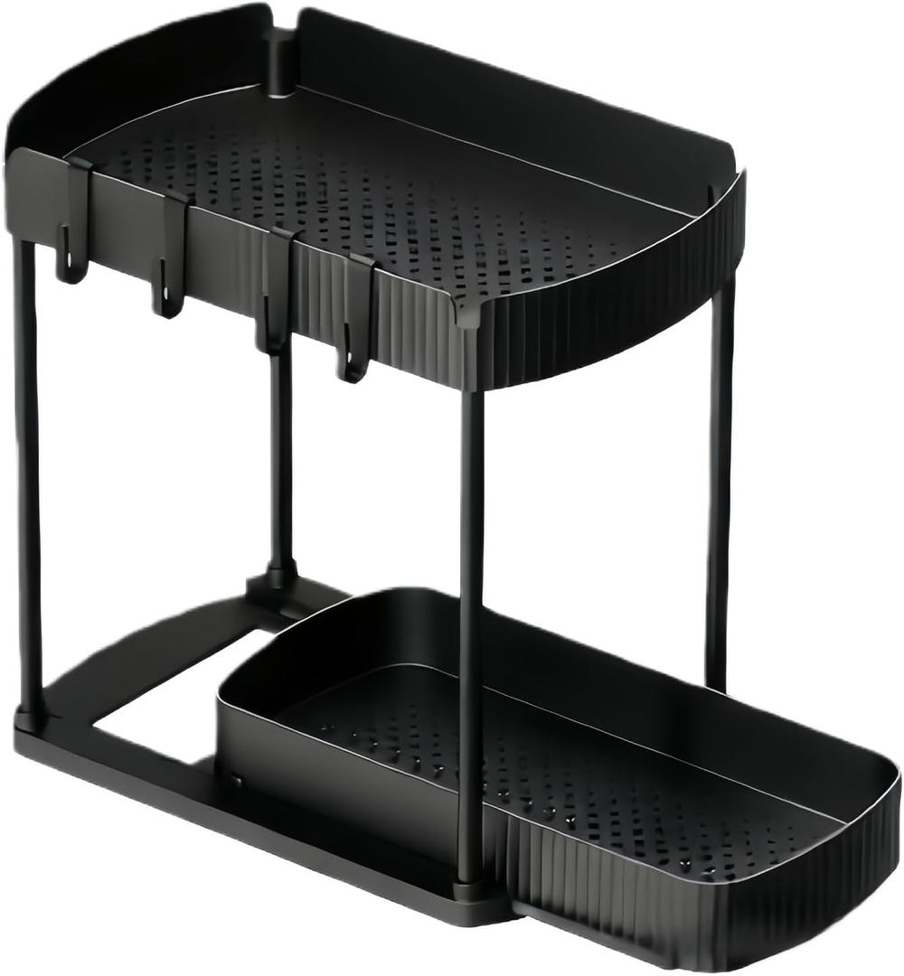 Under Sink Organizer,2-Tier Pull Out Rack,Under Sink Organizers with 4 Hooks - for Home Pantry Closet Laundry Room Countertop Cabinet