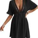 Eddoyee Wome's Swimsuit Coverup V Neck Hollow Out Beach Bathing Suit Flowy Swim Coverup Mini Dress (Large, Black)