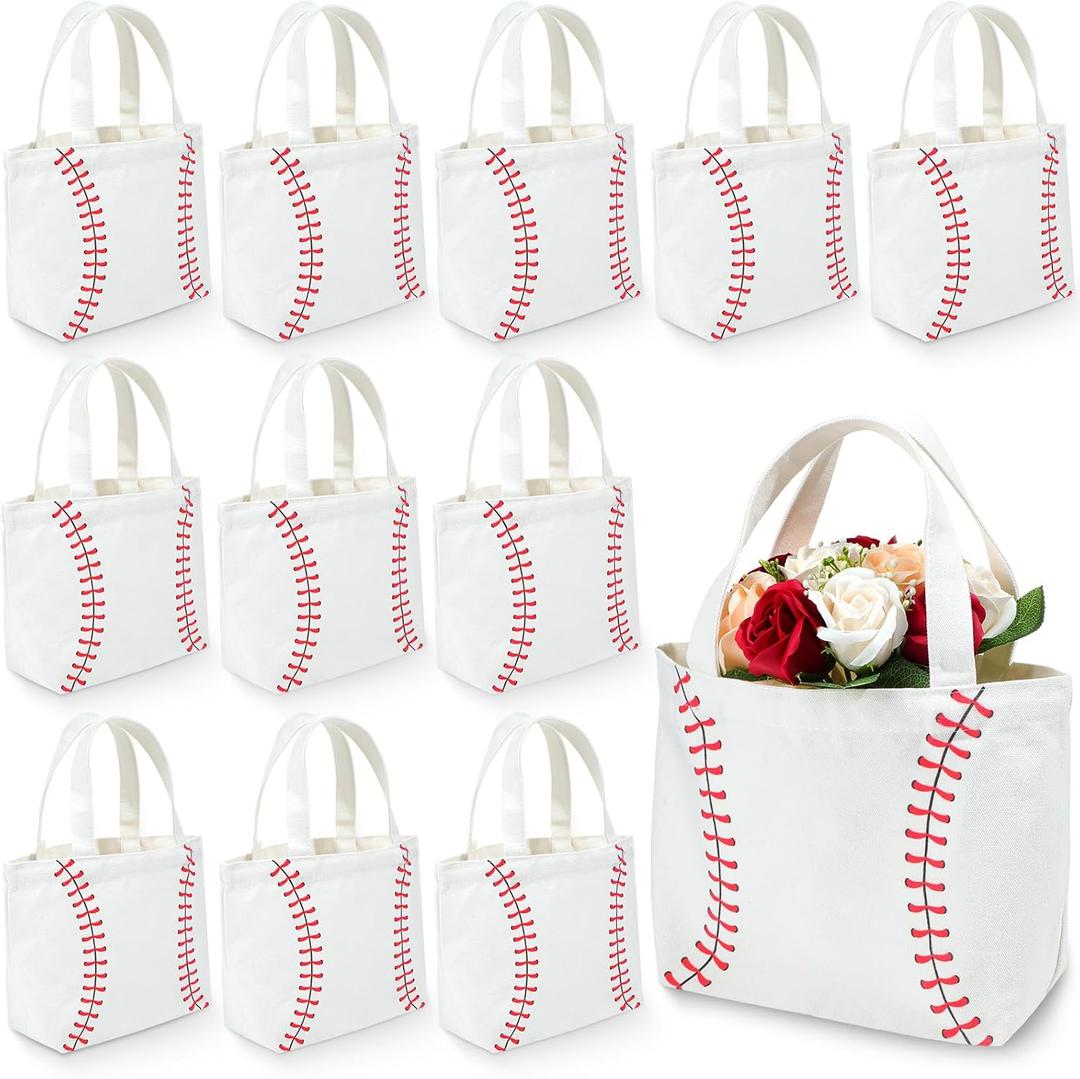 12 Pcs Baseball Bag Baseball Canvas Tote Bag Kids Tote Double Sided Beach Handbag with Handles for Sports Party Favor Travel Shopping Birthday Community Events