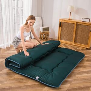 MAXYOYO Japanese Floor Futon Mattress Thicken Sleeping Pad Roll Up Mattress Floor Lounger Bed Camping Guest Room Pad, Thick Soft and Comfortable, Green, Queen