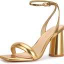 Women's Block High Heels Square Open Toe Strappy Sandals Party Wedding Ankle Strap Shoes (6, Gold)