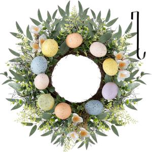 24 Inch Easter Wreath Spring Wreath Artificial Flower Wreath with Colorful Eggs Eucalyptus Leaves Hanger for Front Door Easter Summer Farmhouse Holiday Wall Home Window Decor