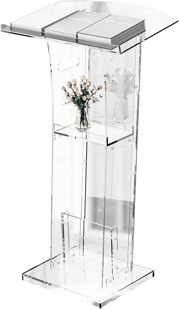 HODLBIT Upgraded Acrylic Podium Stand, Pulpits for Churches, 47.5inch Modern Lecterns & Podiums with Storage Shelf for Classroom, Weddings, Professional Presentation Podiums, Easy Assembly