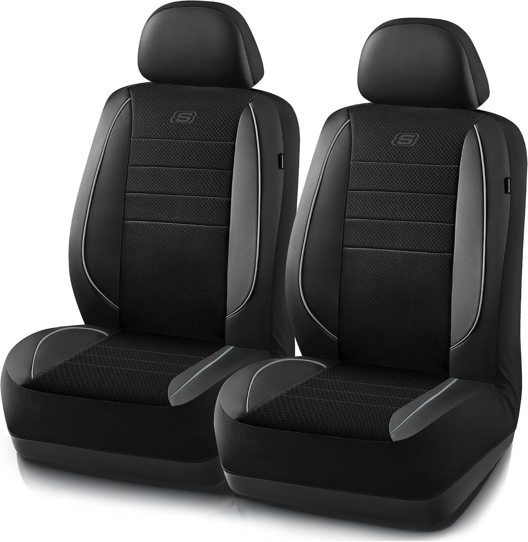 2 x Skechers Air-Cooled Memory Foam Seat Covers,Mesh Thick Car Seat Covers,Piping Leather Car Seat Covers Front Seats,Airbag Compatible,Automotive ComfortUniversal Fit Most Cars,Vans,Truck,SUV,Gray