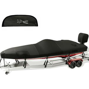 Boat Cover with Ratchet to Tighten the Hem,1200D Heavy Duty Boat Covers,16-18.5ft Hurricane-Proof Bass Boat Cover,100% Waterproof Bass Tracker Cover with Motor Cover for Mooring, Black