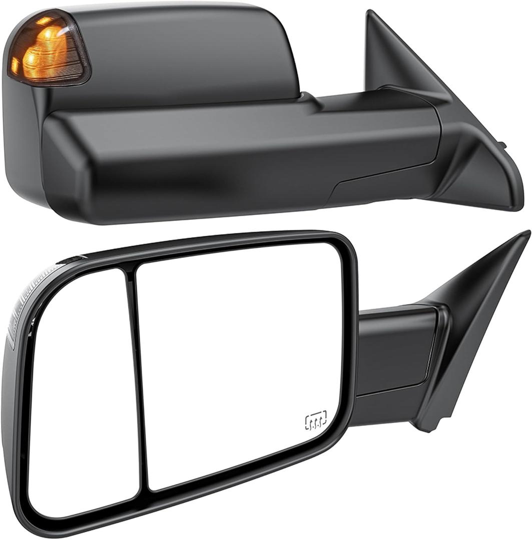 Smoked Power Heated Tow Mirrors Compatible with 2009-2018 Dodge Ram 1500, 2010-2018 2500 3500, 2019-2024 Ram 1500 Classic Flip Up Extended Trailer Towing Side Mirrors with Puddle Light, Black Housing
